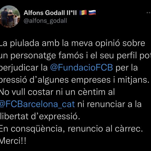 Godall renuncia a la vicepresidència de la Fundació del Barça per una piulada criticant Rafa Nadal